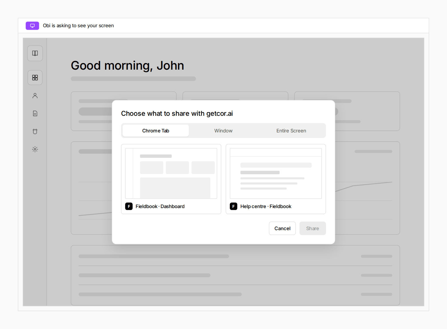 Browser picker asking what to share with getcor.ai.