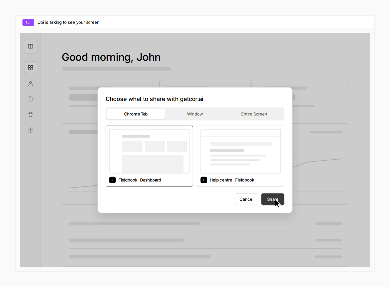 The user picks only the Fieldbook tab to share.