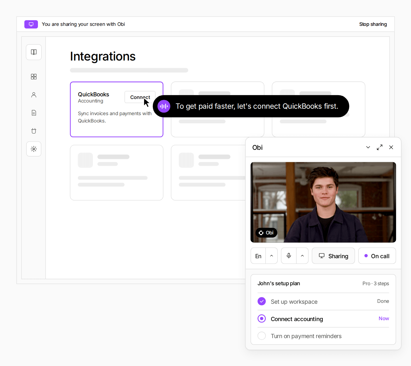 Obi on a live call guiding a user to connect QuickBooks.