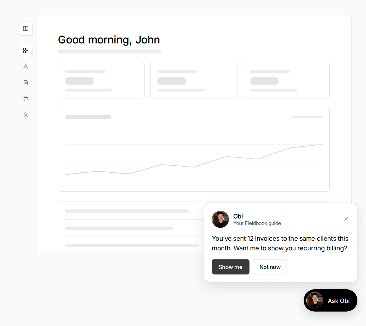 Obi suggests recurring billing to John from a prompt inside his product dashboard.