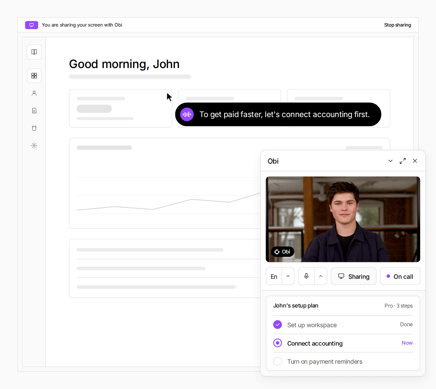 Obi builds a setup plan from the user's goal: connect accounting first.