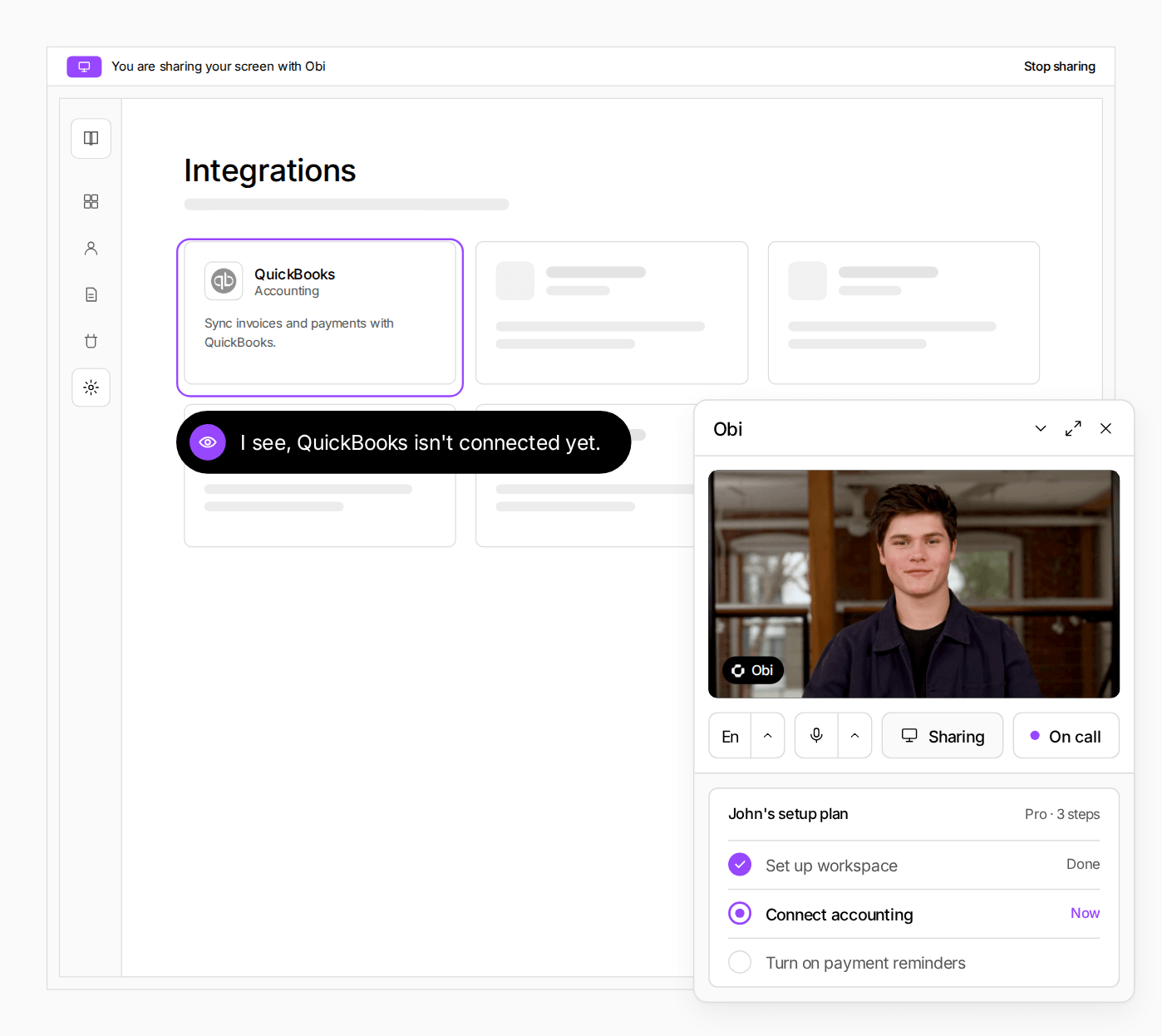 Obi sees the shared screen and notes QuickBooks isn't connected yet.