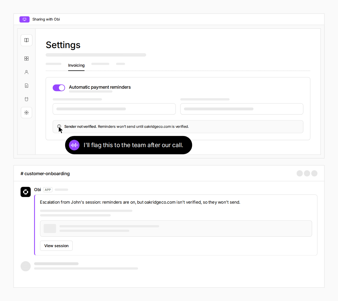After the call, Obi flags an unverified sender domain to the team in Slack.