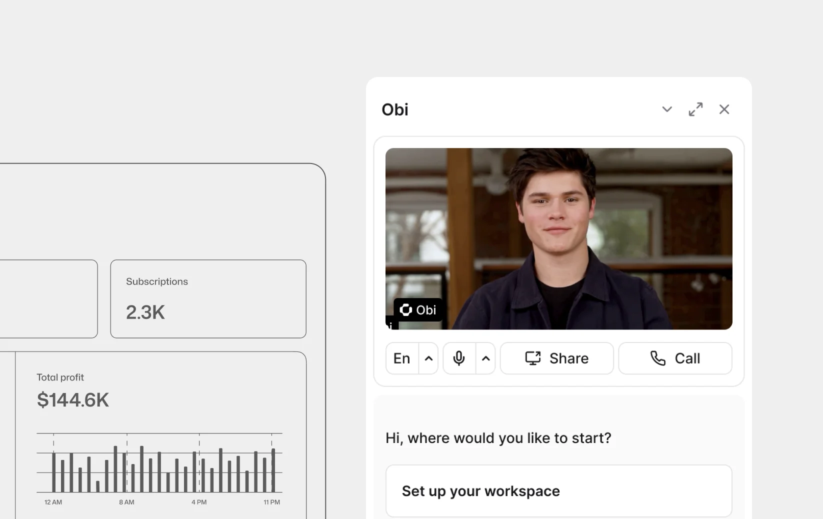 Obi live-call panel alongside the dashboard