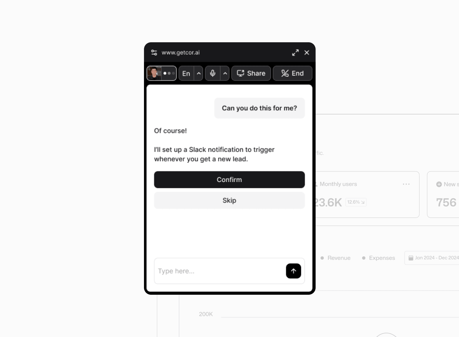 Cor agent confirmation dialog asking the user to approve an action