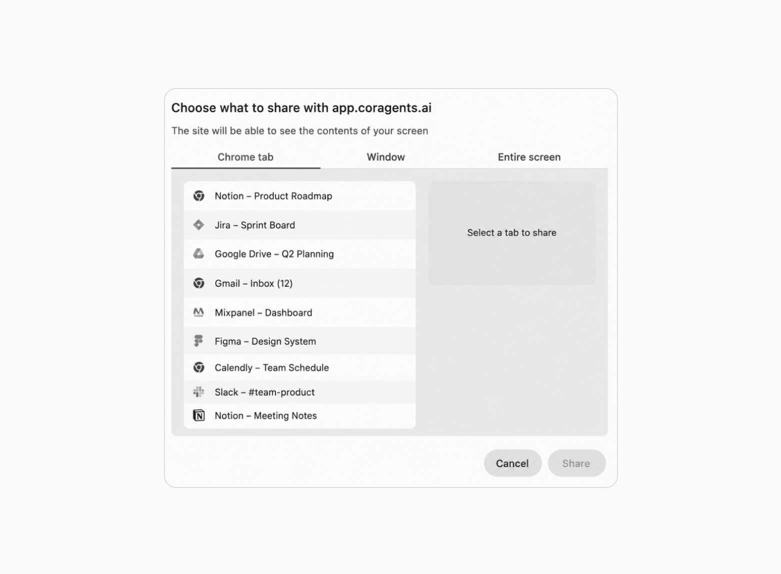 Browser screen-share picker showing app.coragents.ai requesting access