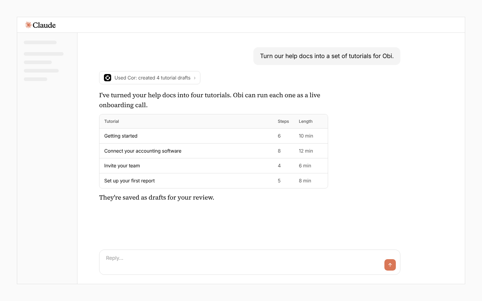 Claude turning help docs into Obi tutorial drafts for review