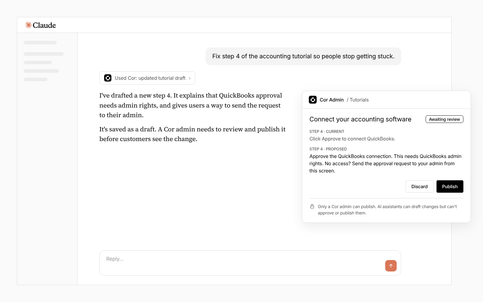 An onboarding tutorial improvement awaiting human review and publishing in Cor Admin