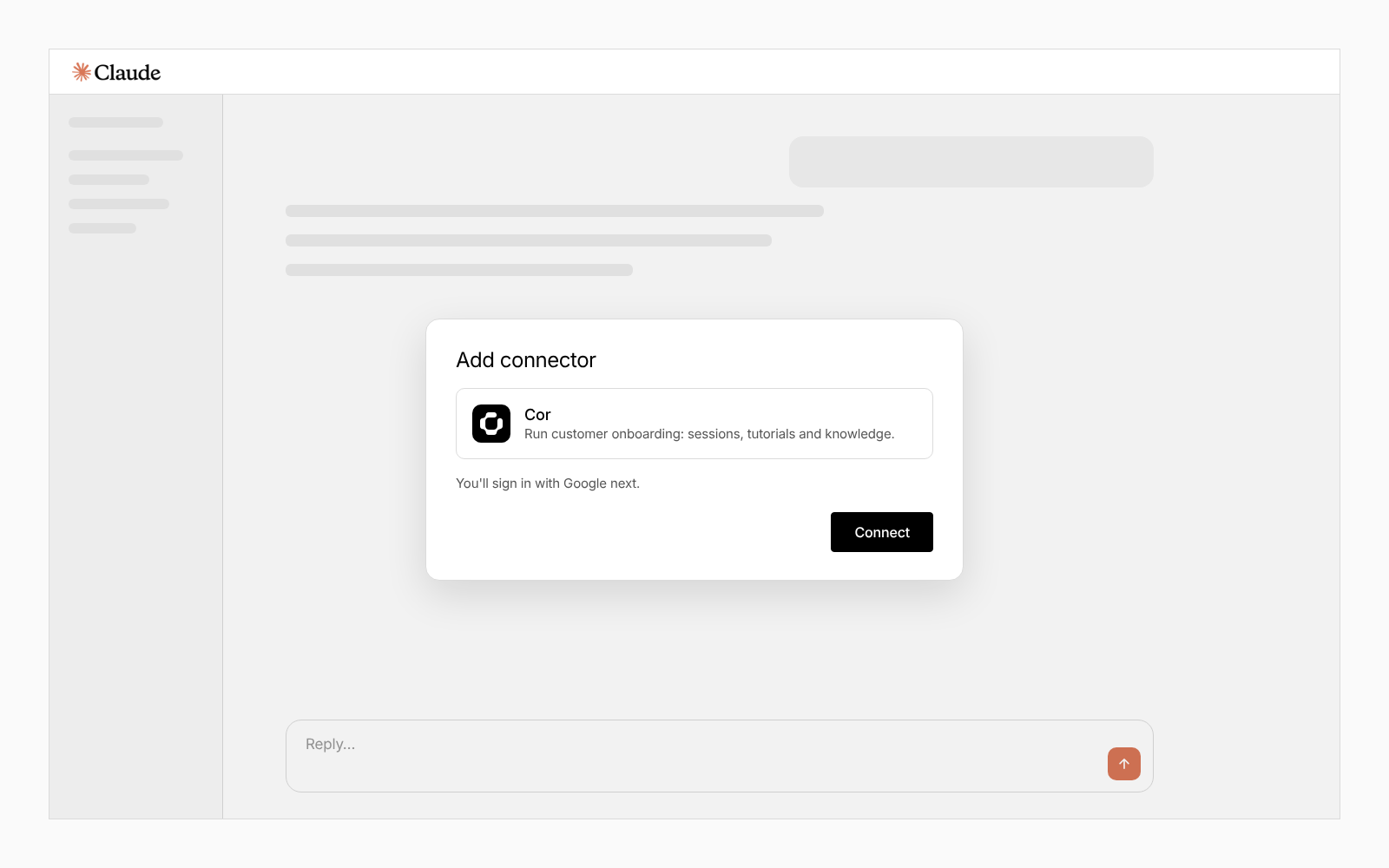 Adding Cor as a connector in Claude, with Google sign-in as the next step