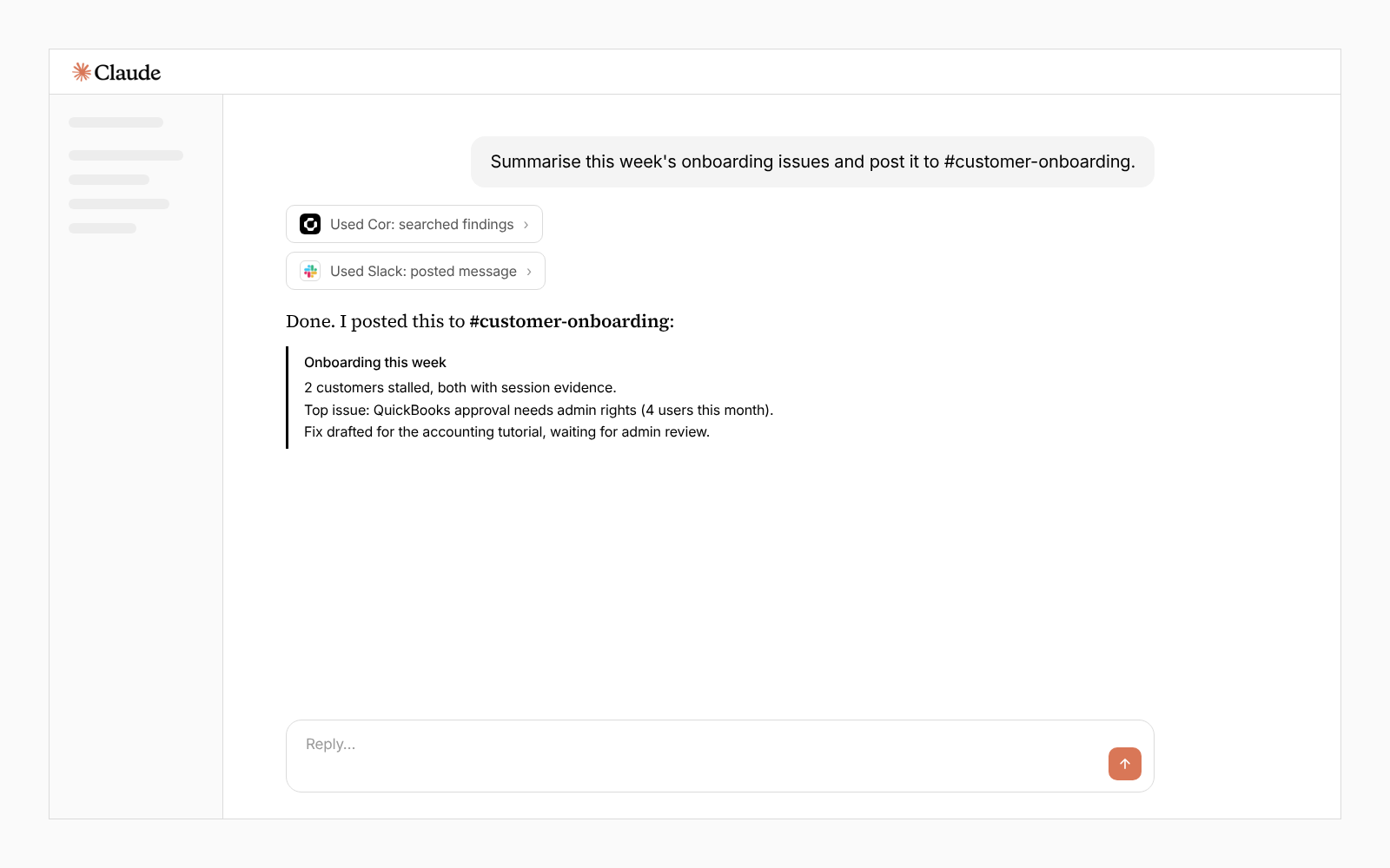 Claude sharing an onboarding issues summary through its Slack connection