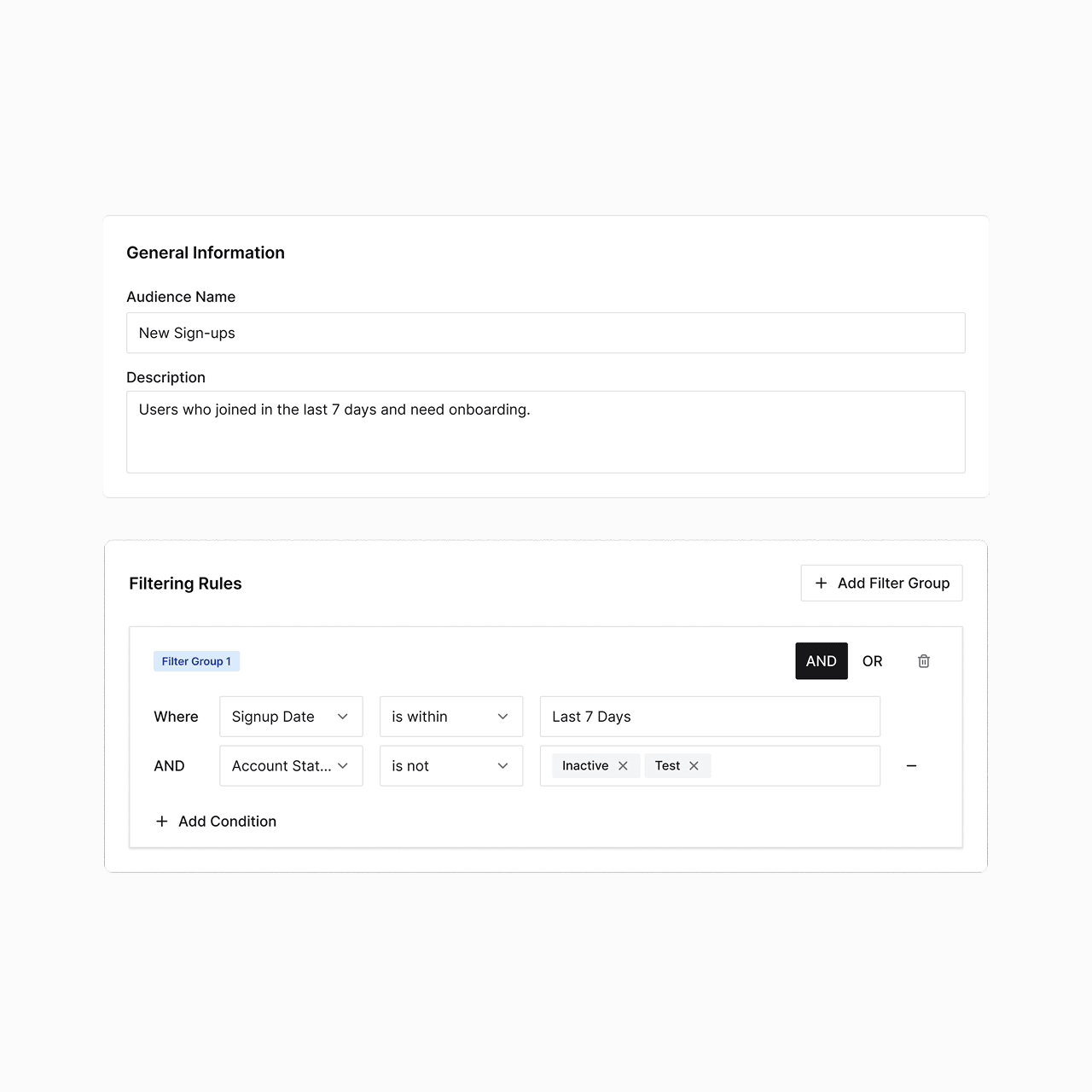 Admin Hub audience configuration with general information, filtering rules, and voice settings