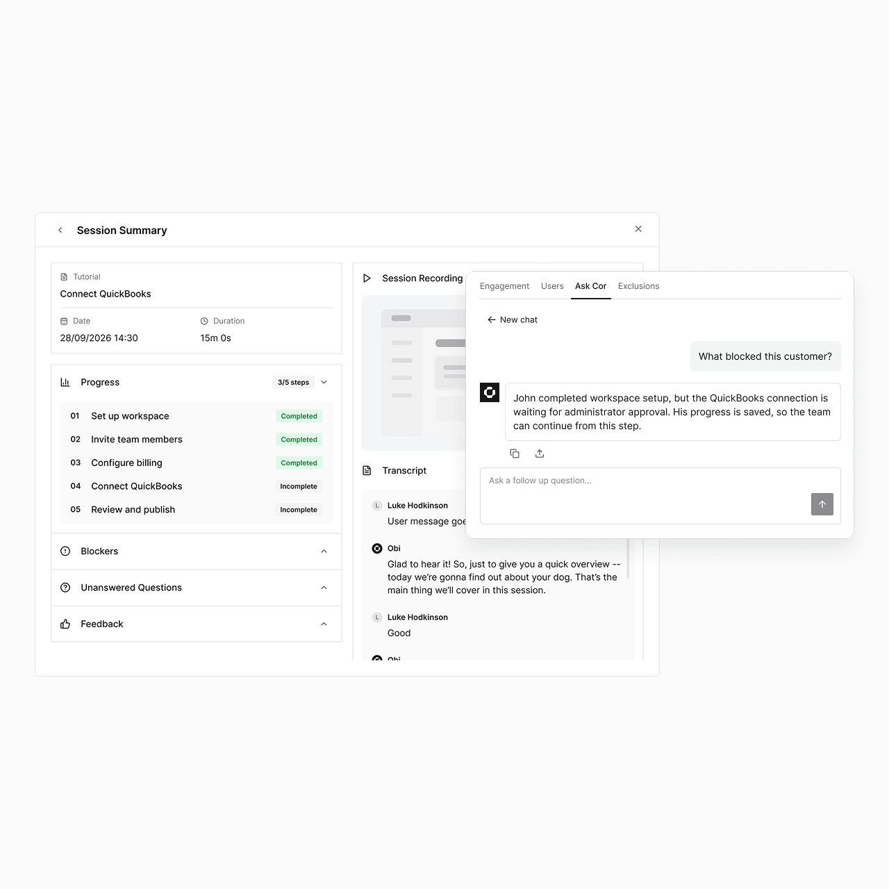 Session intelligence report showing blockers, tutorial summary, unanswered questions, feedback, and transcript
